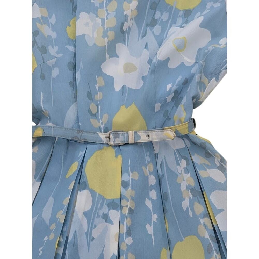 Vintage 50s Floral Pleated Day Dress Belted Cottagecore Blue Toni Todd 10 - Picture 2 of 7
